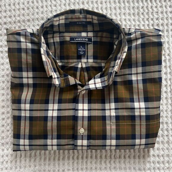 Lands End Men’s No Iron Traditional Fit Long Sleeve Plaid Shirt - Picture 6 of 16